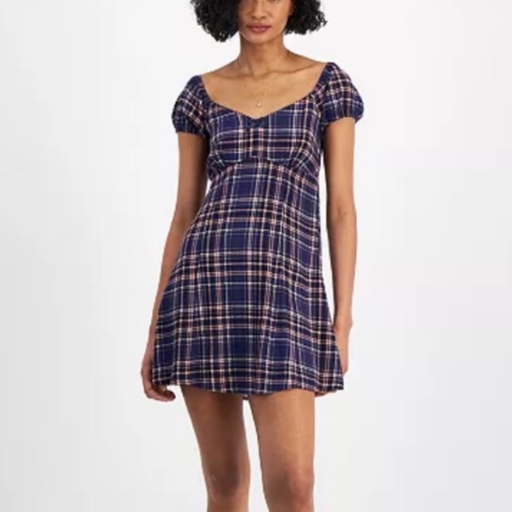 Selfie Jrs M Blue Orange Plaid Milk Maid Textured Puff Sleeve Mini Sun Dress NWT